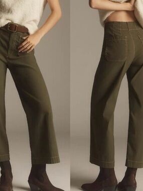 Anthro The Colette Contrast-Stitch Linen
Crop Wide-Leg Pants, 29P